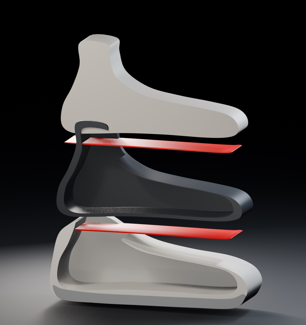 Exploded contact schematic: a foot above a sock above a shoe, with red highlights between the three layers